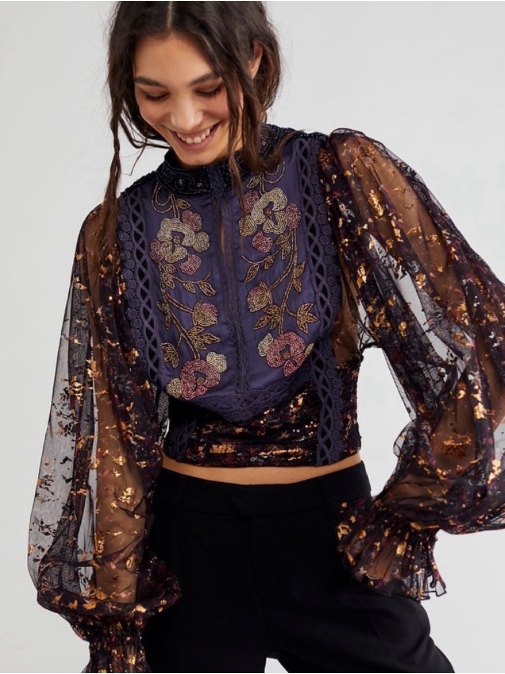 Free People Purple Sheer Embroidered Balloon-Sleeve Crop Top